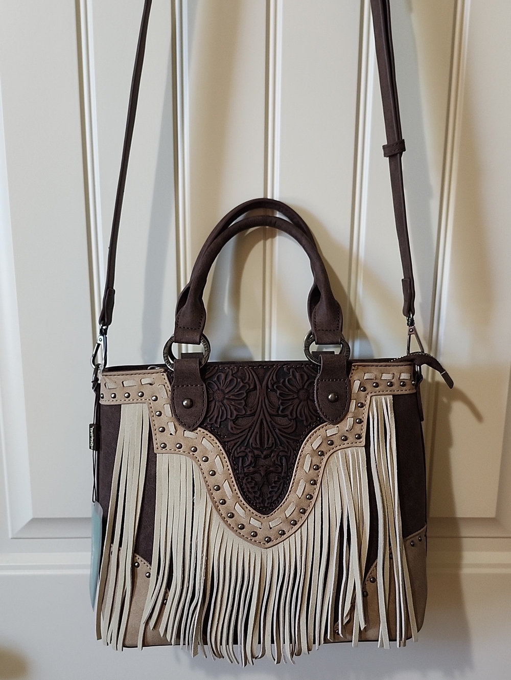 Trinity Ranch Tooled Fringe Tote Satchel Conceal Carry Handbag NWT